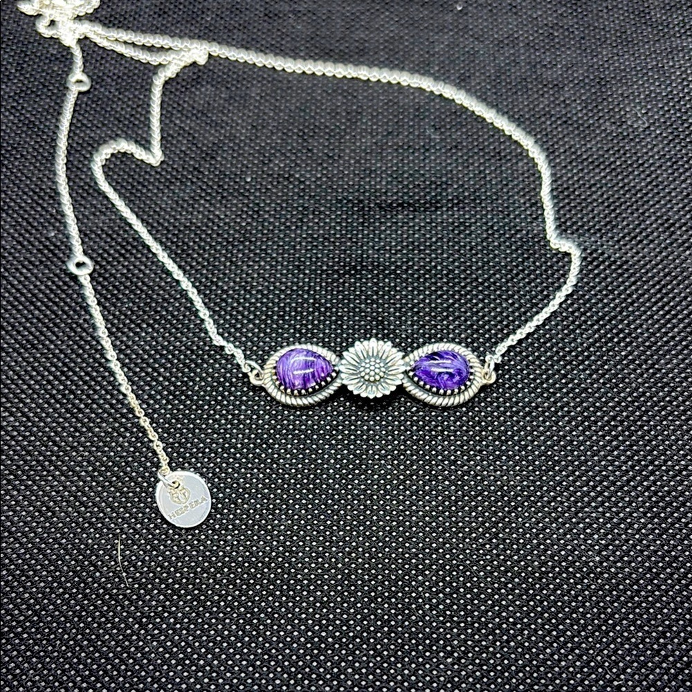 Charoite Bar Necklace with Sterling Silver Sunflower. 16-22โ